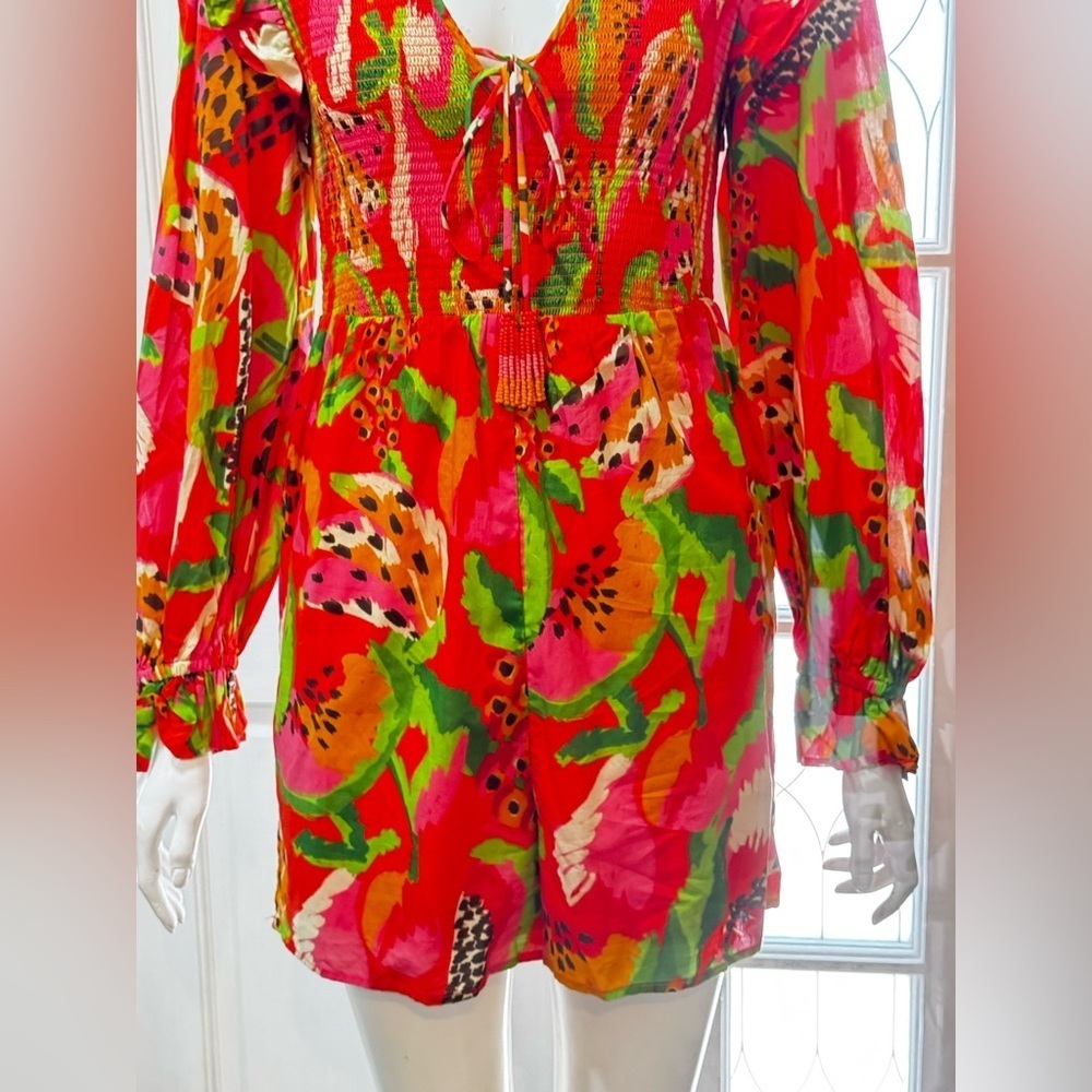 FARM RIO Tropical Ruffle Sleeve Romper Women Small Smocked Red Motif V-neck NWT - Picture 5 of 16